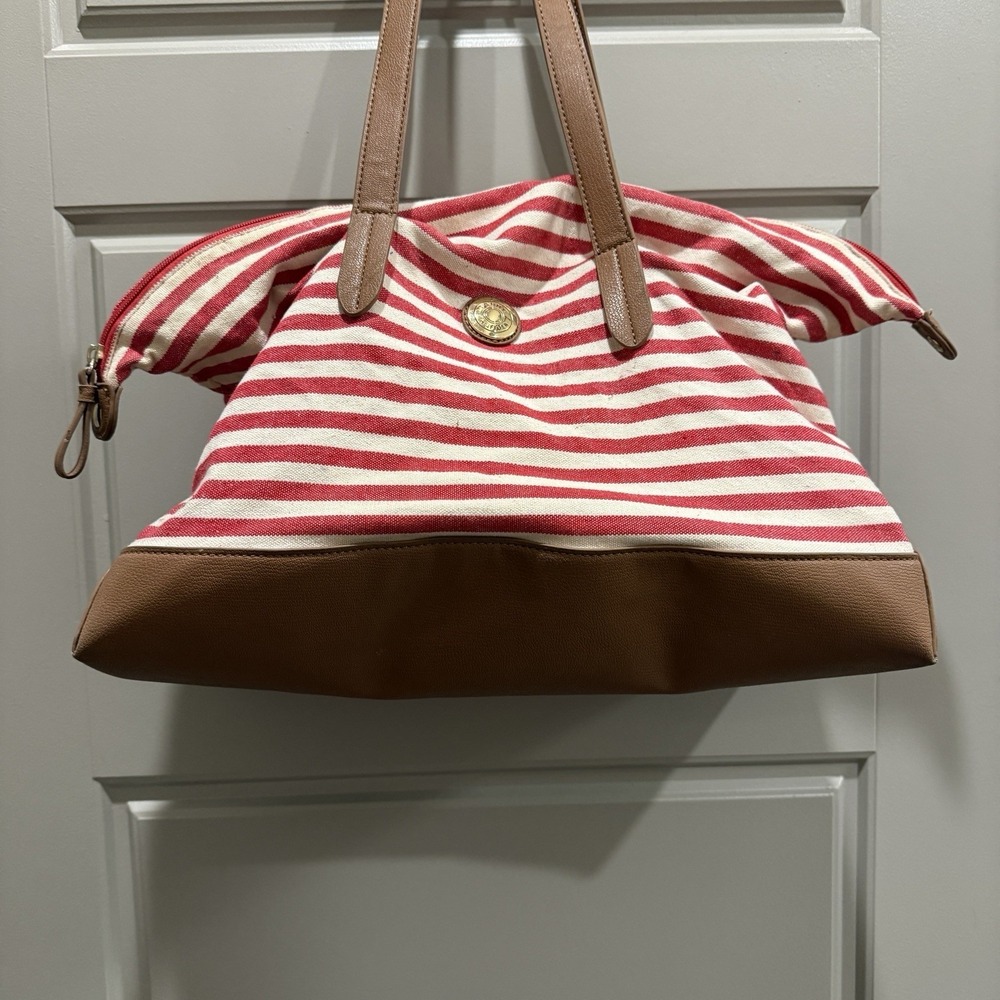 Tommy Hilfiger Red White Striped Canvas Tote Bag Brown Trim Zip Top Nautical